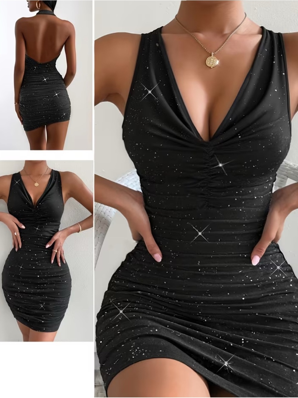Black Sparkle Ruched V-Neck Mini Dress